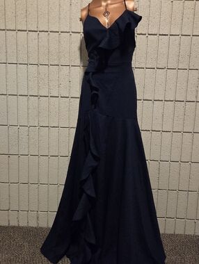 Minuet Petite Navy Ruffle Maxi Dress - Spaghetti Straps